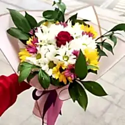 Tek gül ve karışık papatya