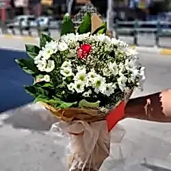 Beyaz Papatya Ortasında Tek Kırmızı Gül Buketi